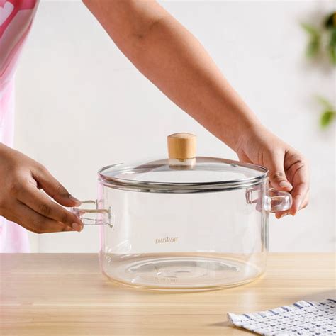 Minimalist Borosilicate Glass Cooking Pot With Lid And Handles 3200ml ...