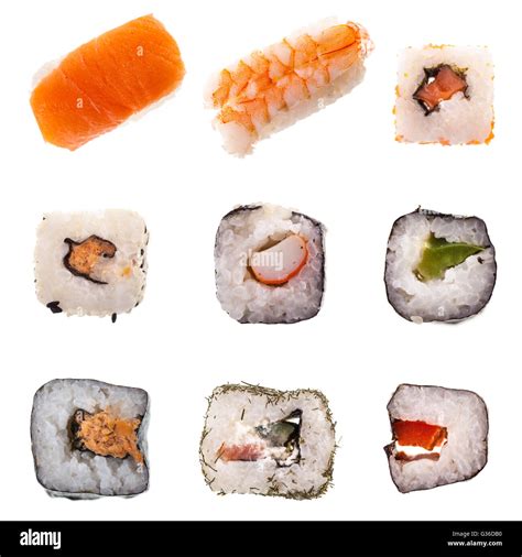 a collection of different types of Sushi including maki and nigiri isolated on white background ...