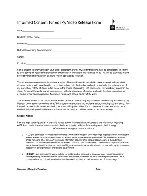 Fillable Online Informed Consent for edTPA Video Release Form Fax Email ...