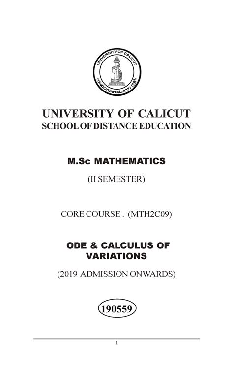 ODE & Calculus OF Variation - UNIVERSITY OF CALICUT SCHOOL OF DISTANCE ...