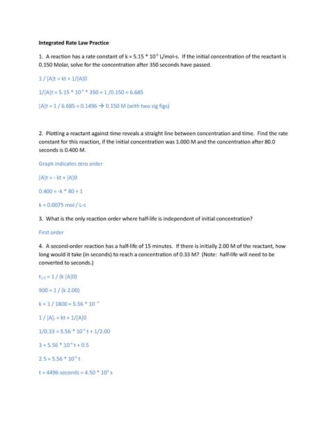 Integrated Rate Law Answers - Integrated Rate Law Practice A reaction ...