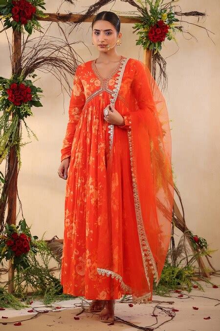 Buy Orange Mul Print Floral V Neck Rose Anarkali With Sequin ...