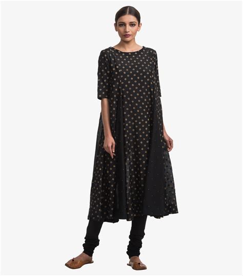 Black Embroidered Cotton Silk A-Line Kurta – Tulsi Online