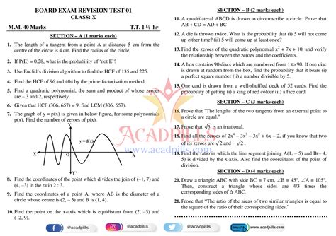 Math revision test papers 1 - BOARD EXAM REVISION TEST 01 CLASS: X M ...