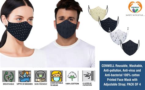 Cenwell 4 Pcs Pure Cotton Face Mask with Nose Pin, Melt Blown Layer ...