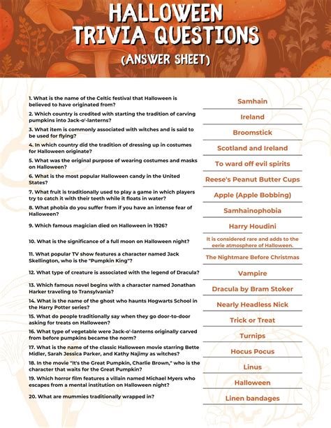 Halloween Trivia Questions With Answer Sheet | Printable Halloween Game ...