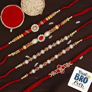 eCraftIndia Set of 5 Red, Golden & White Beads, Pearl, Diamond, Floral ...