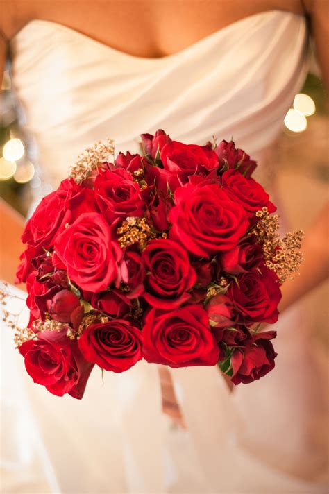 Red Rose Bridal Bouquet with Gold Baby's Breath