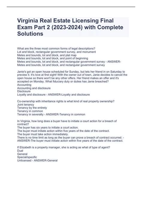 Virginia Real Estate Licensing Final Exam Part 2 () with Complete ...