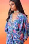 Buy Blue Crepe, Satin Mirrors V-neck Floral Print Draped Kaftan For ...