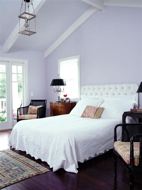 Transitional Bedroom with Lavender Walls and White Bedding