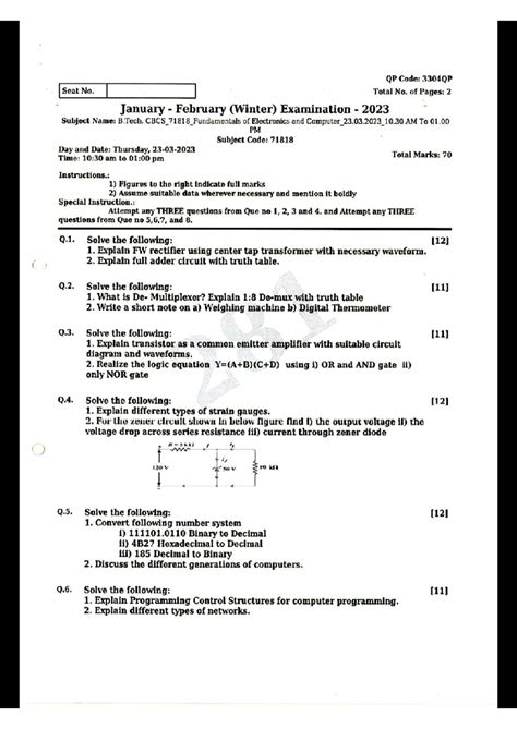 B.Tech. CBCS 71818 Winter 2023 Exam: Fundamentals of Electronics QP ...