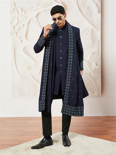 VASTRAMAY Men's Black Velvet Indo Westrn,And Pyjama Set – vastramay