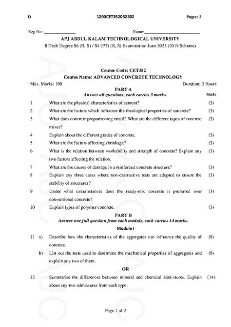 CET 352 Advanced Concrete Technology Exam Questions June 2023 - Studocu