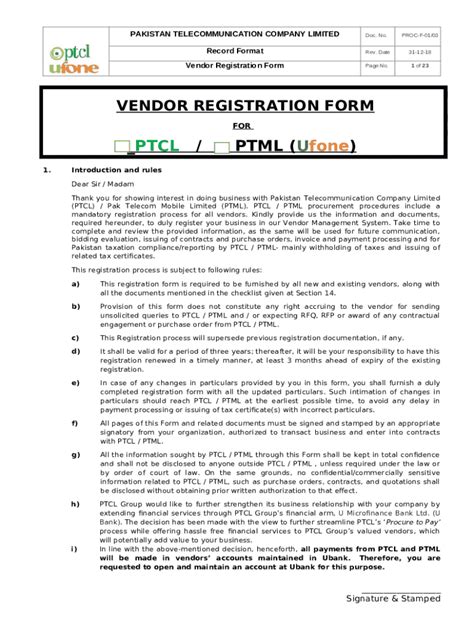 VENDOR REGISTRATION FOR PTCL / PTML ( ... Doc Template Doc Template ...