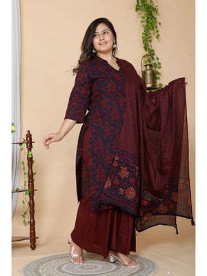 Buy Miravan Women Plus Size Maroon Floral Printed Cotton Kurta with ...
