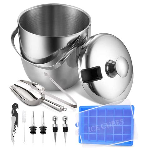 Insulated Ice Bucket With 10 Piece All in One Bundle - Stainless Steel ...