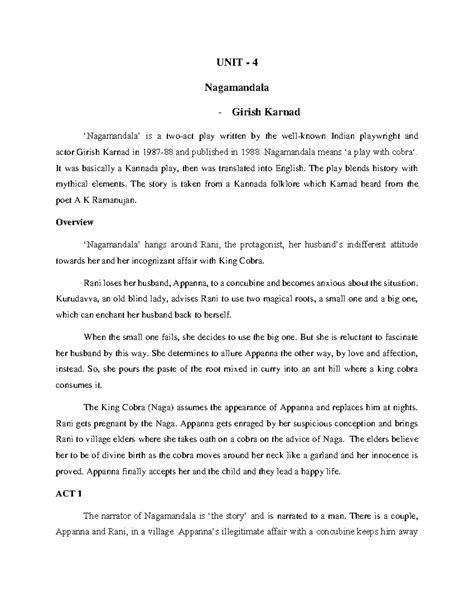 Nagamandala Outline Summary and Analysis - UNIT - 4 Nagamandala ...