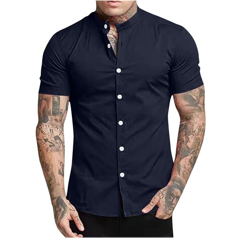 Men Muscle Fit Short Sleeve Shirts Button Up Dress Shirt Casual Summer ...