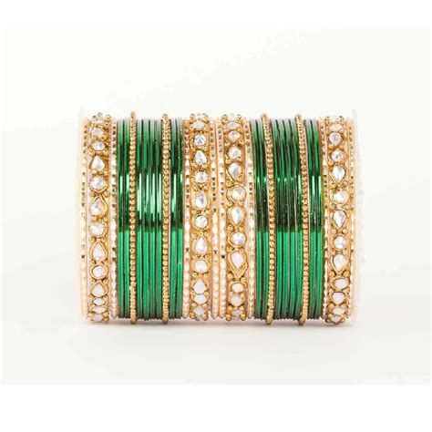 Gold Radium Polish Green Color Bangles in Metal Alloy with Kundan work