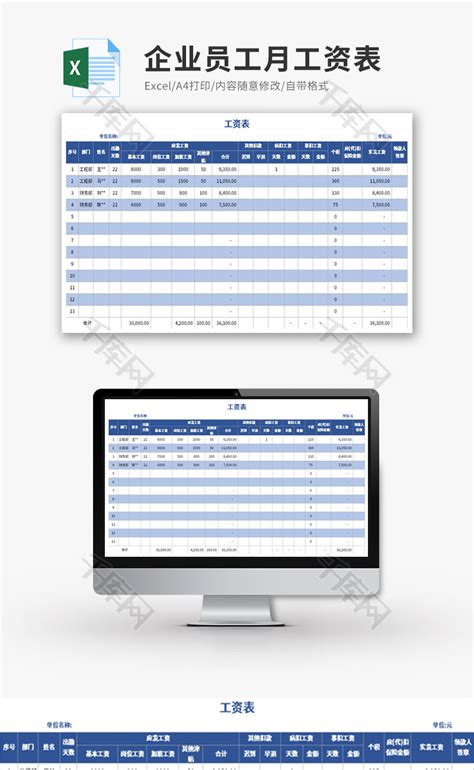 企业员工月工资表Excel模板_千库网(excelID：150296)