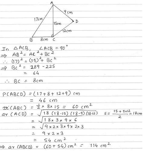 Find the perimeter and area of a quadrilateral ABCD in which BC=12cm ...