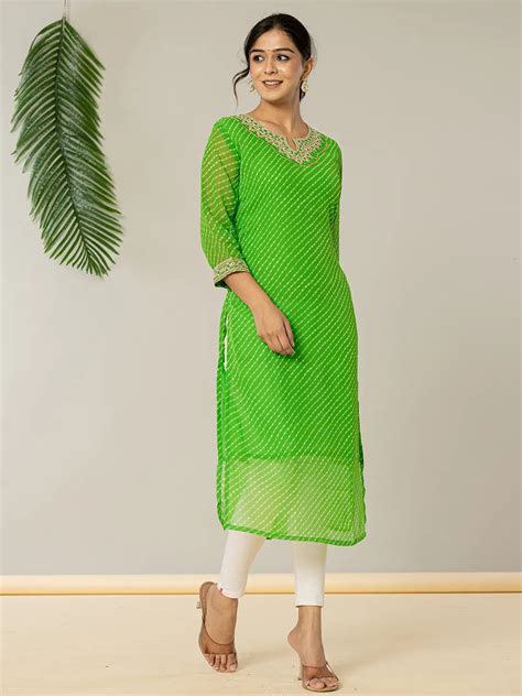 Dark Green Georgette Lehriya Embroidery Kurta – Yufta Store