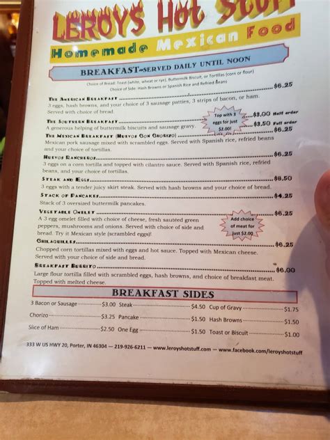 Menu at Leroy's "Hot Stuff" pub & bar, Porter