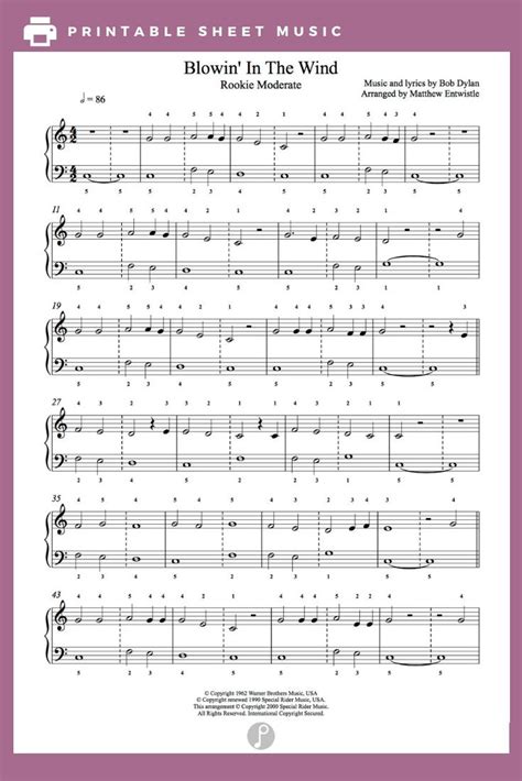 Blowing’ In The Wind by Bob Dylan Piano Sheet Music | Rookie Level ...
