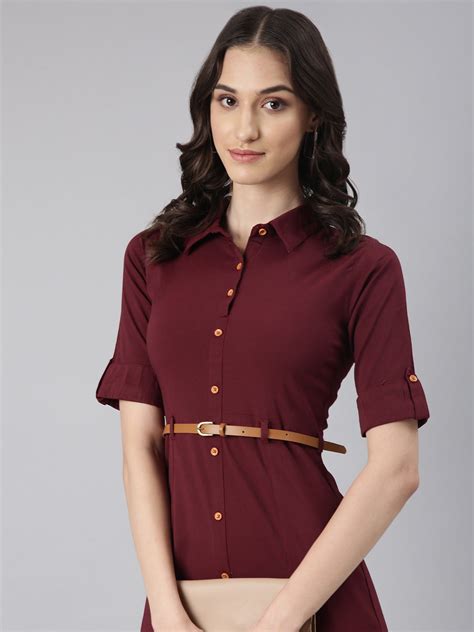 SHOWOFF Women's Shirt Collar Short Sleeves Shirt Solid Maroon Knee ...