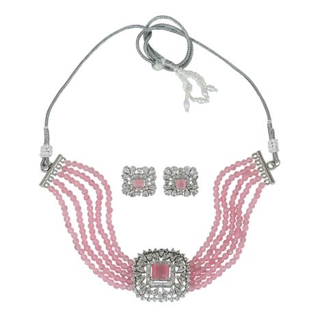 Buy Estele Rhodium Plated CZ Square Shaped Mint Pink Choker Necklace ...