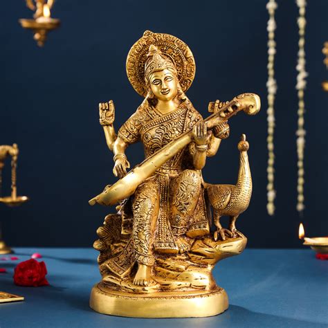 Brass Goddess Saraswati With Peacock Figurine (15 Inch) – Vedansh Craft