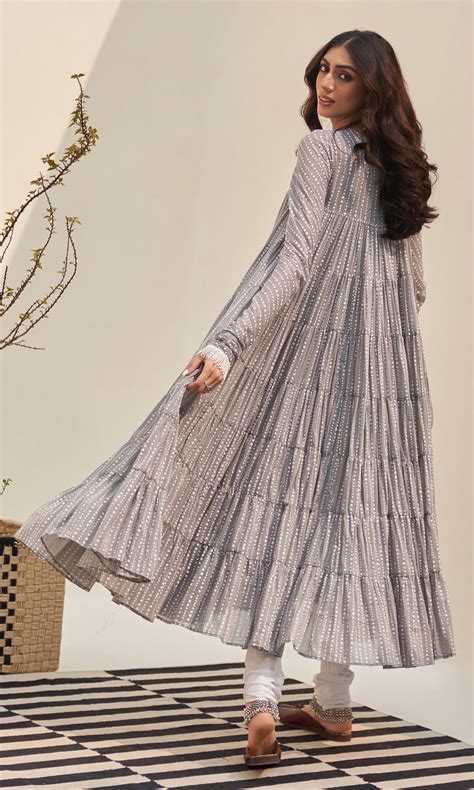 Jannat 2.0 Grey Block Printed Tiered Anarkali Set - Set Of 3 – Ridhiiee ...