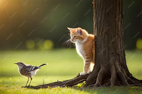 Premium Photo | A cat and a bird looking at each other