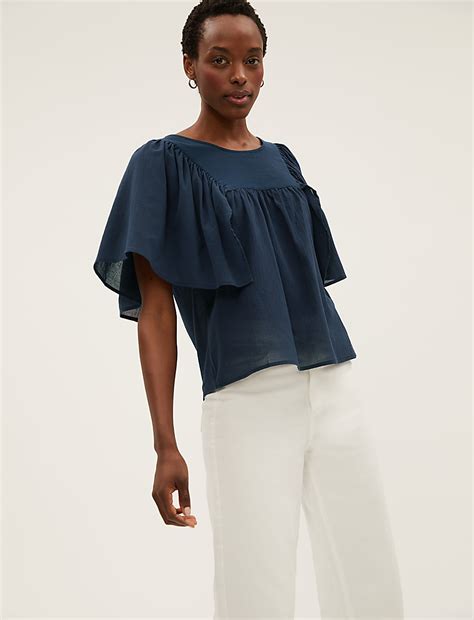 Buy Pure Cotton Regular Fit Angel Sleeve Blouse at Marks & Spencer