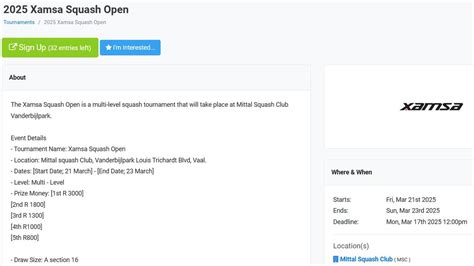 Entry Deadline: Xamsa Squash Open, Mittal Squash Club, Vanderbijlpark ...