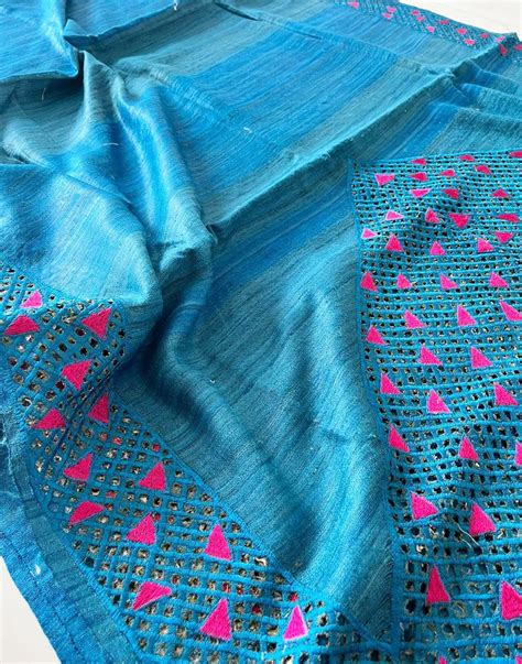 Blue Hand Cutwork Tussar Ghicha Silk Saree - Intricate Handmade Design ...