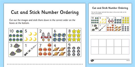 Space Themed Cut and Stick Number Ordering Sheets