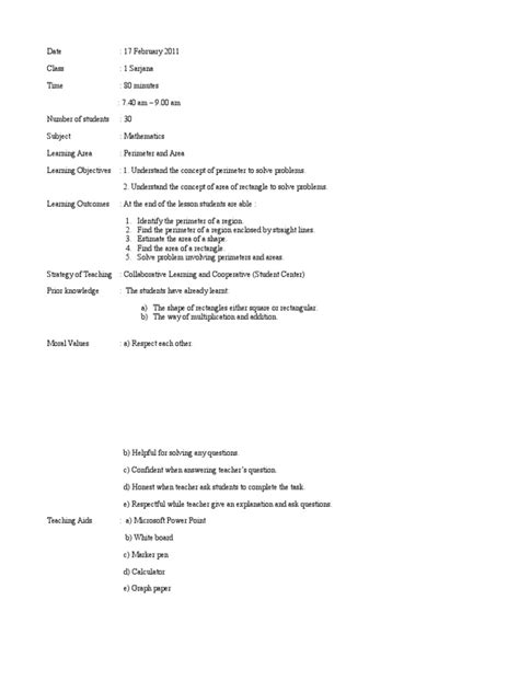 Image result for Learning Area in Lesson Plan Example