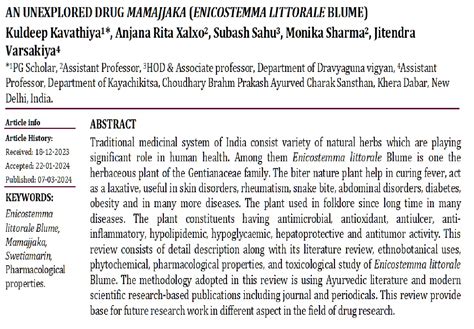 An Unexplored Drug Mamajjaka (Enicostemma Littorale Blume)-A Drug ...
