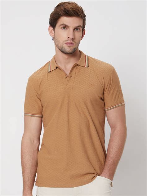Buy Khaki Textured Tipped Collar Slim Fit Casual Polo Online at Muftijeans