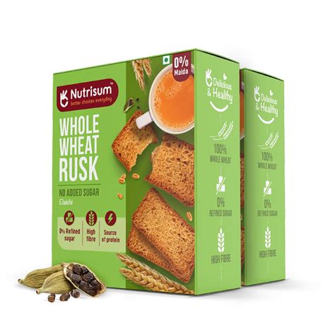 Nutrisum Premium Whole Wheat Rusk Elaichi Flavour, High Fiber, Refined ...