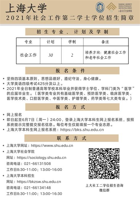 【招生】欢迎报考2021年上海大学社会工作本科第二学士学位-上海大学社会学院