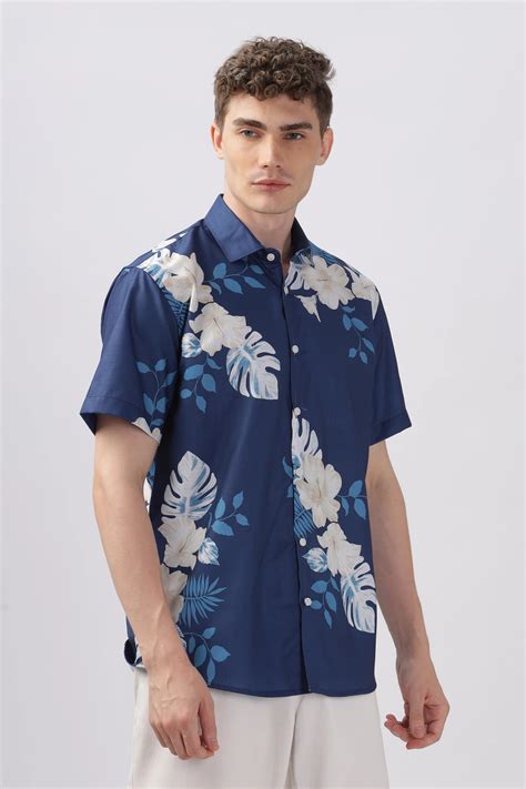 blue and white flower printed half sleeve shirt for men : Low price ...