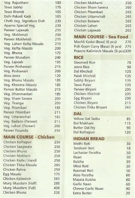 Menu at North Indian Association, Mumbai