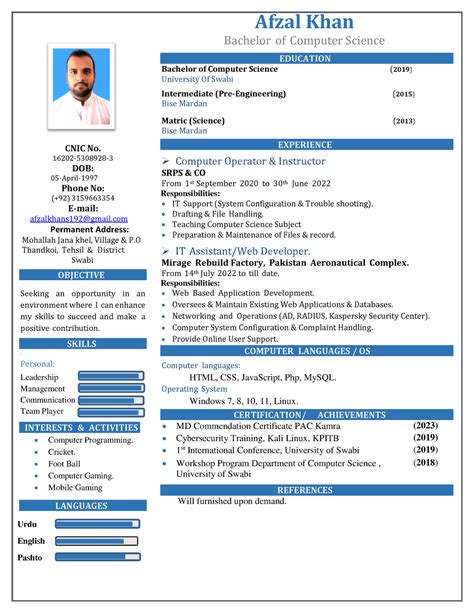 Afzal Resume - CNIC No. 16202 - 5308928 - 3 DOB: 05 - April- 1997 Phone ...