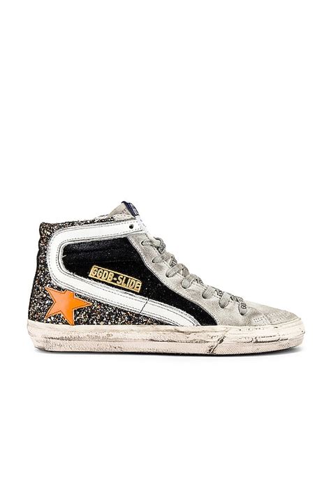 Golden Goose Slide Sneaker in Black, Gold Glitter & Orange Star | REVOLVE