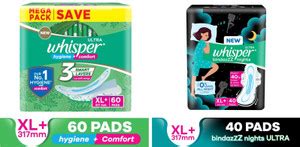 Whisper Ultra Hygiene+Comfort & Bindazzz Nights XL+ Combo Sanitary Pad ...