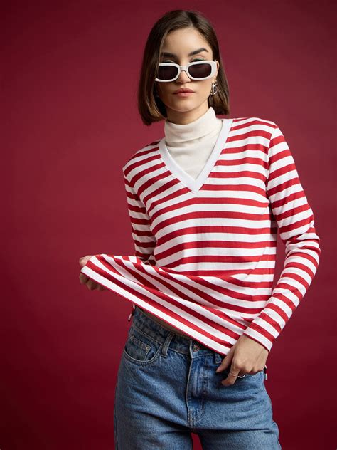 Women Red & White Striped Sweater