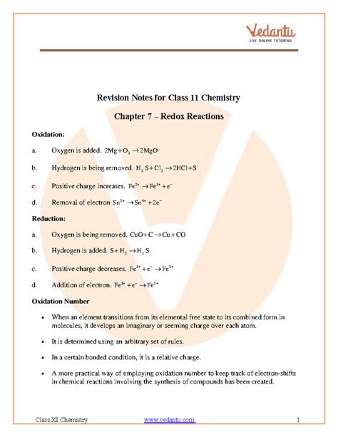 Redox Reactions Class 11 Chemistry Revision Notes - Studocu